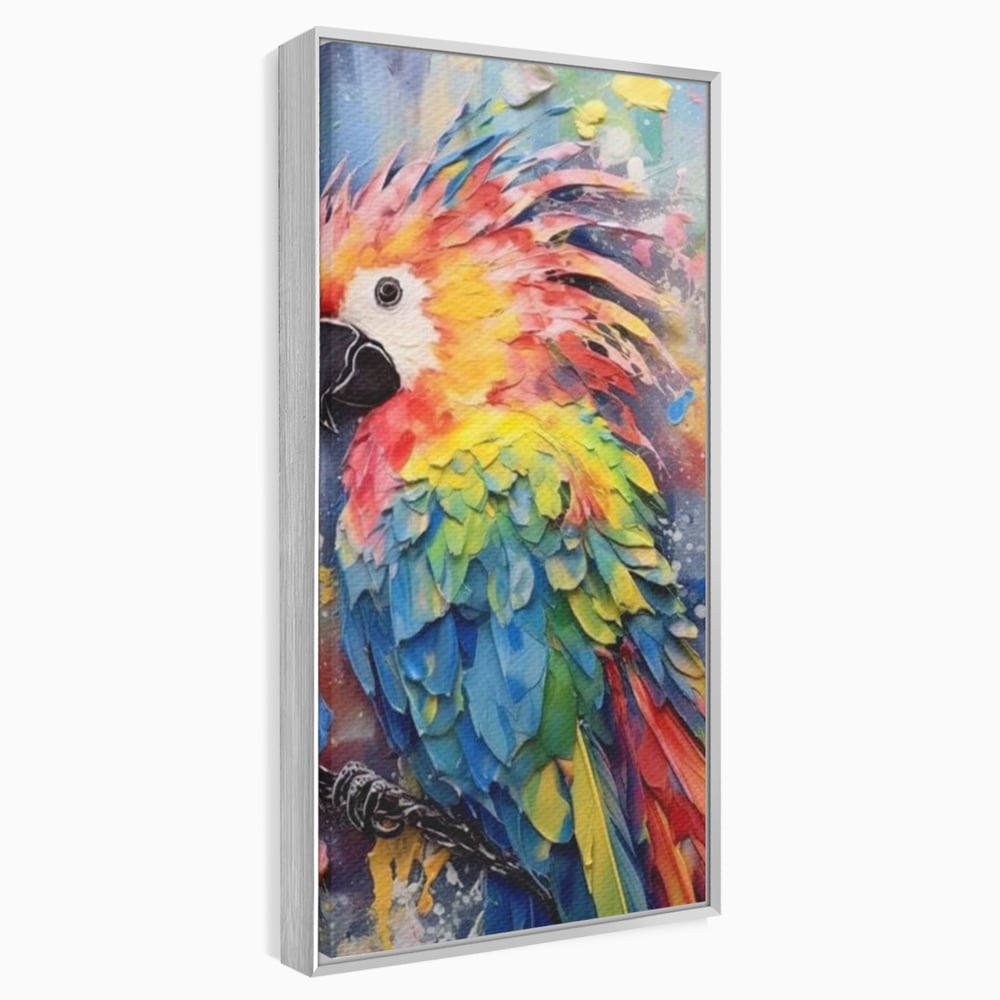 Tablou canvas cu tablou canvas cu papagal colorat, in rama de aluminiu argintiu
